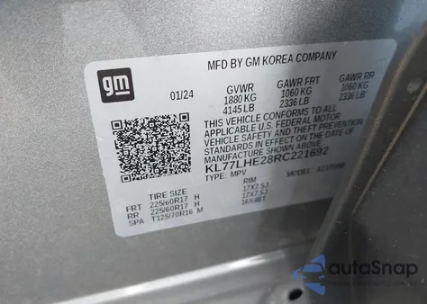 2024 Chevrolet Trax Fwd Lt из США, поврежденный, VIN KL77LHE28RC221692